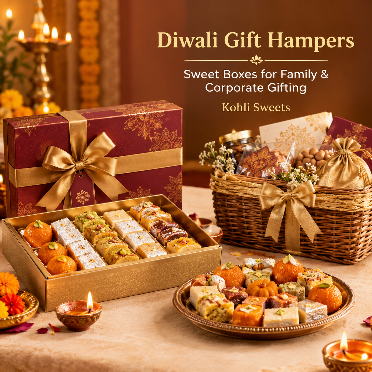 Diwali gift hampers and sweet boxes with traditional Indian sweets from Kohli Sweets